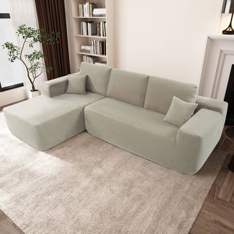 Oversized Corduroy Corner Sofa with Chaise, Boneless L-Shaped Sectional Couch, Modular Deep Seat Couches with Pillows