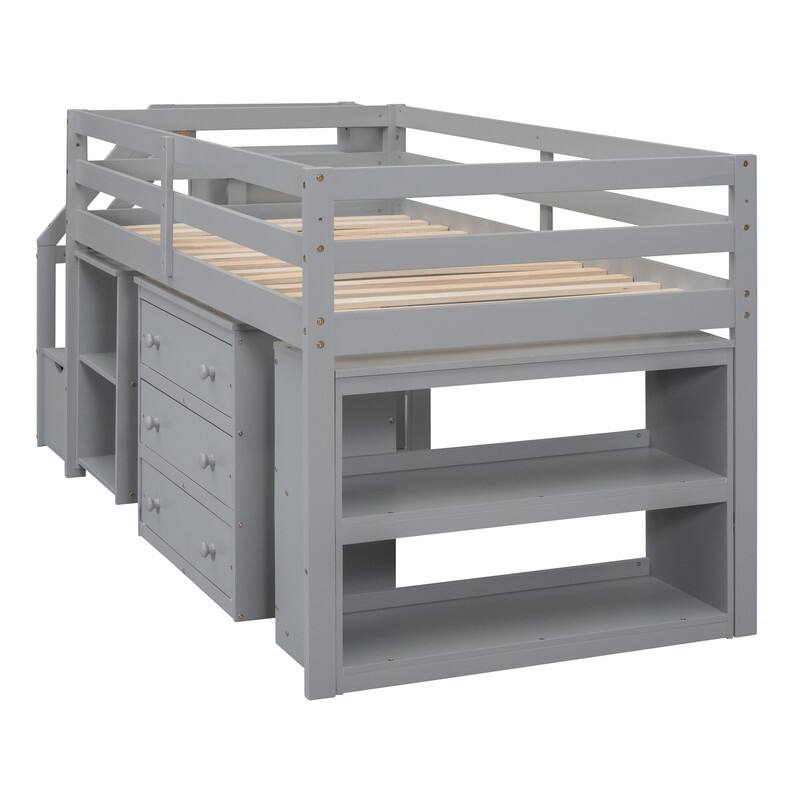Twin/Full Size Loft Bed with Retractable Writing Desk and 3 Drawers, Wooden Loft Bed Frame w/ Storage Stairs & Shelves for Kids