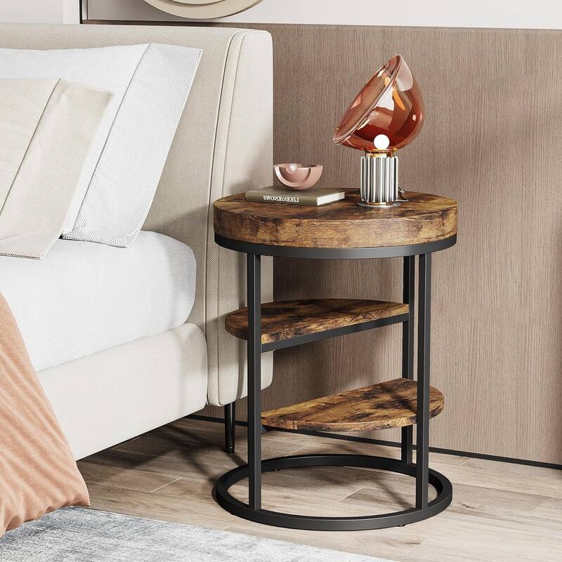 Round End Table, 3 Tiers Side Table with Storage for Living Room