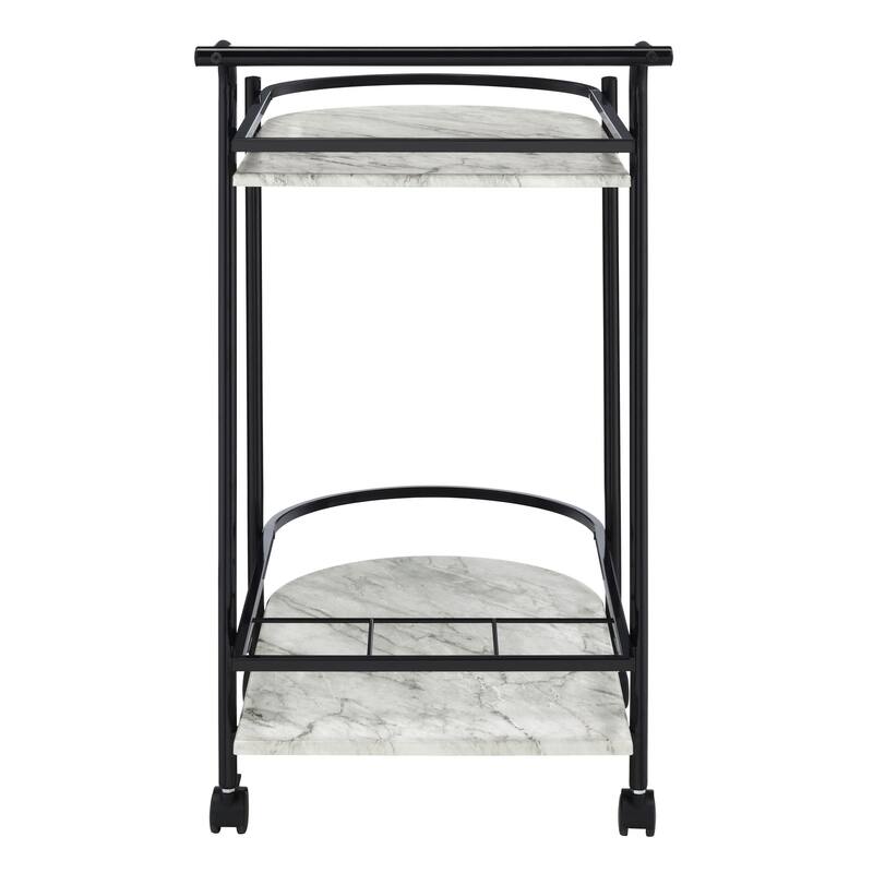Rhea 32 Inch Bar Cart Trolley, U Shaped Tray, Faux Marble Shelves, Black