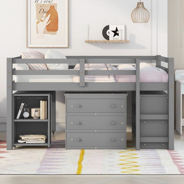 slide 2 of 9, Full Size Low Loft Bed with Storage Cabinet, Rolling Portable Desk & 2-Tier Bookshelf, Study Wood Bedframe for Kids Teens Adults Gray - Full