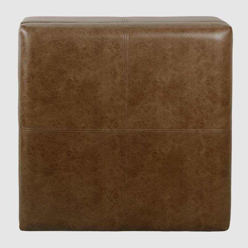 Leo Square Storage Ottoman, Distressed Brown Faux Leather, 28 Inch