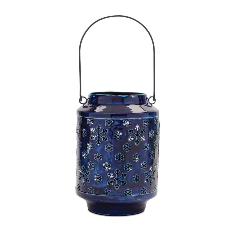 Blue Iron Snowflake Candle Lantern with Glazed Finish for Winter Decor - 6” x 6” x 9.5” (L x W x H) - Blue