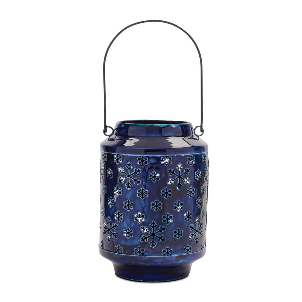 Blue Iron Snowflake Candle Lantern with Glazed Finish for Winter Decor - 6” x 6” x 9.5” (L x W x H)