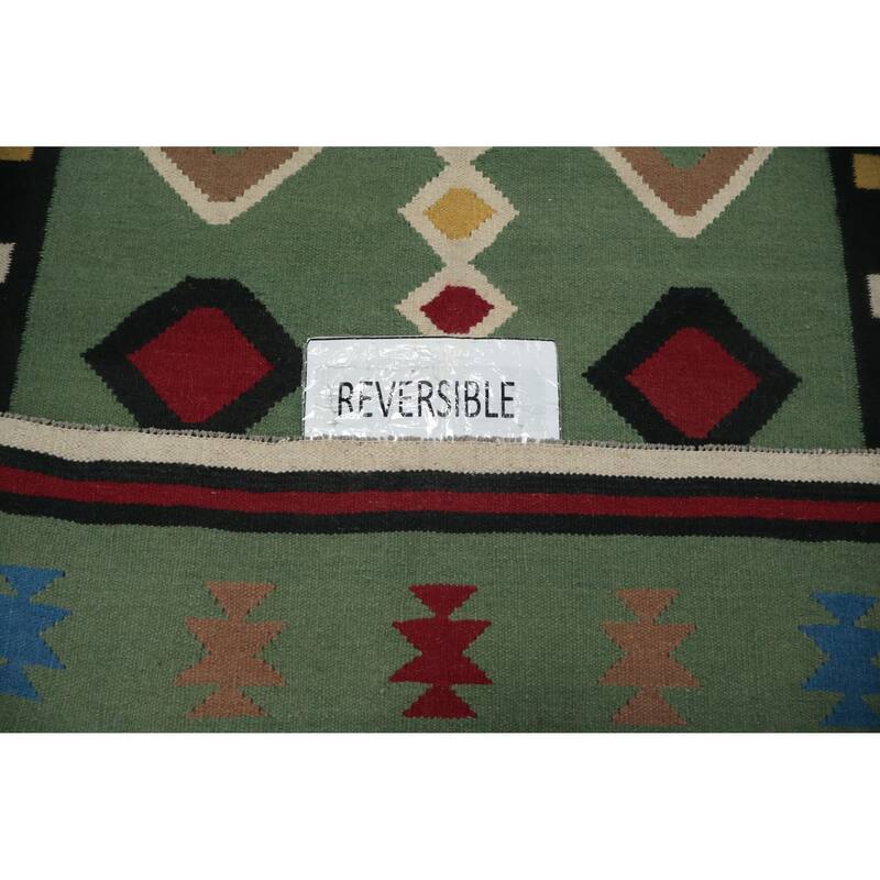 Hand Woven Oriental 100% Wool Carpet Southwestern Tribal Green Kilim Area Rug - 9' 8'' X 5' 1''