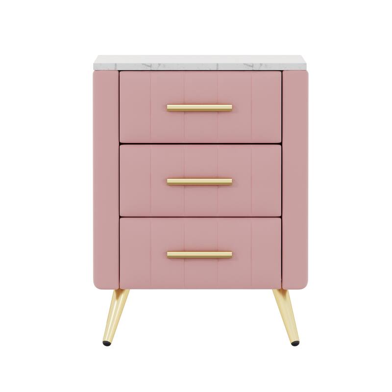 Pink Upholstered Wooden Nightstand with 3 Drawers, Marbling Worktop, and Metal Legs