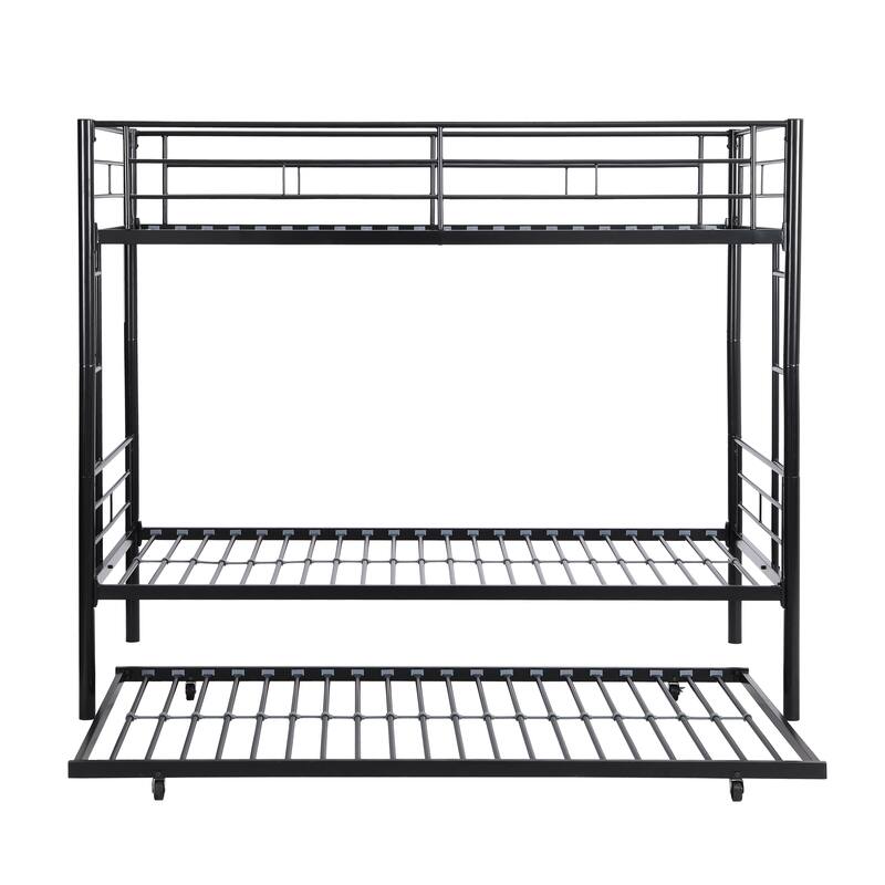 Space-Saving Twin Over Twin Metal Bunk Bed with Trundle, Black - Easy Assembly, No Box Spring Needed