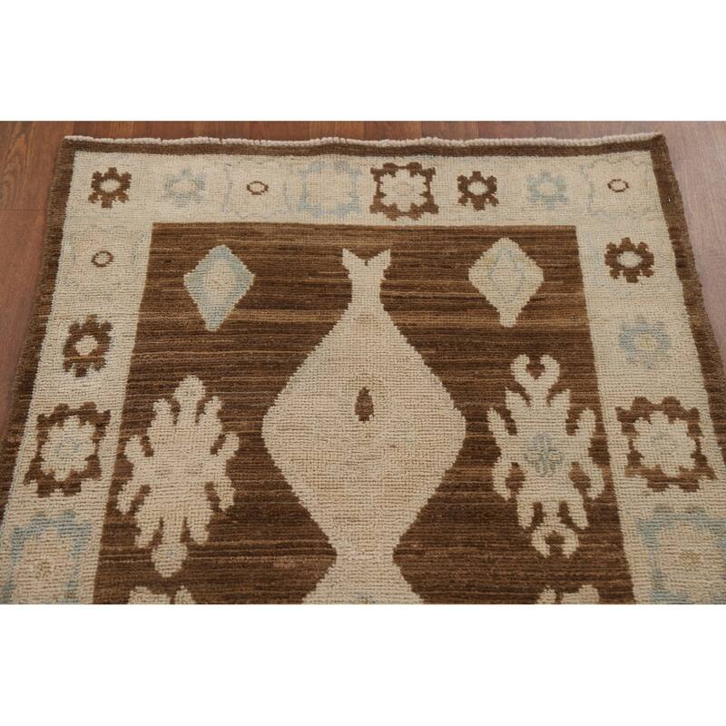 Geometric Oushak Turkish Runner Rug Handmade Wool Carpet - 2'10"x 9'1"
