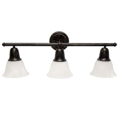 Wall Mounted Three Light Vanity Fixture with Alabaster Glass Bell Shade - 26.5" - Oil Rubbed Bronze and White