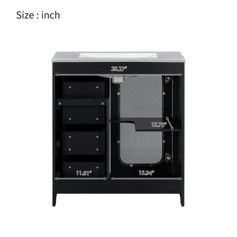 30''/36'' Bathroom Vanity with Sink, 3 Drawers Bathroom Storage Cabinet with Soft-Close Glass Door and Adjustable Shelf