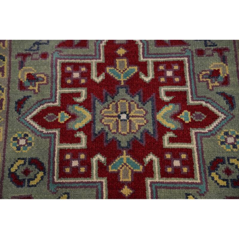 Hand-knotted Traditional Wool Green Geometric Area Rug Oriental Carpet - 8' 0'' X 2' 7''