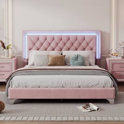 Pink Queen Size Upholstered Bed Frame with LED Lights