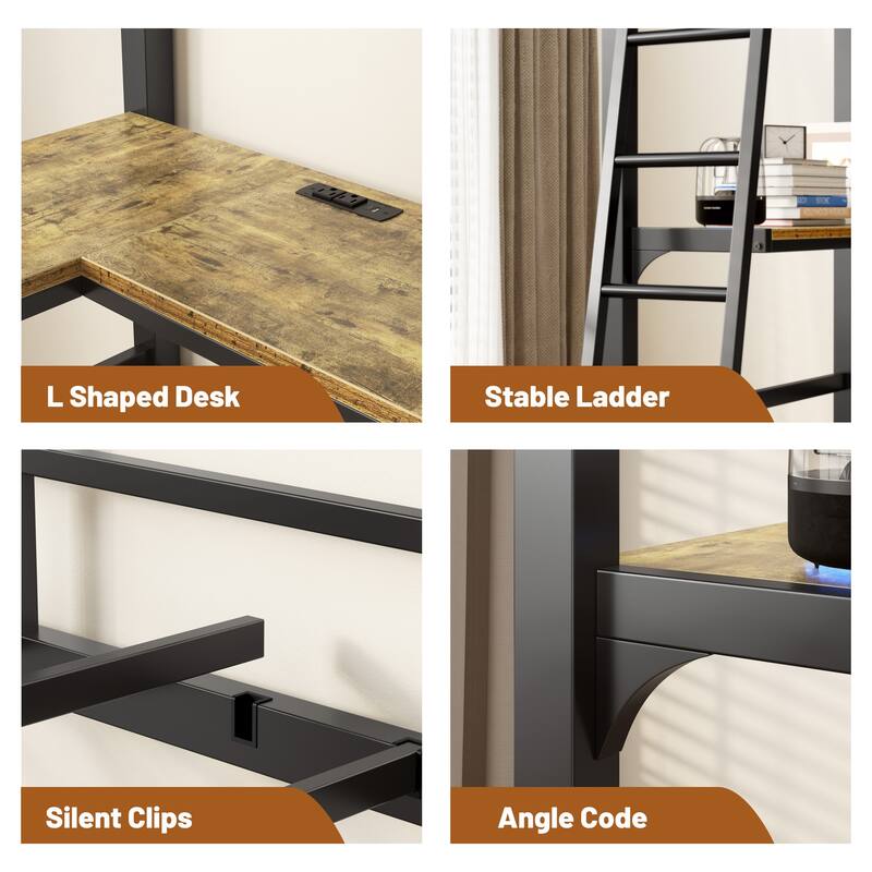 Twin Metal Loft Bed with L-Shaped Desk, Charging Station, Safety Guardrails, and Ladder