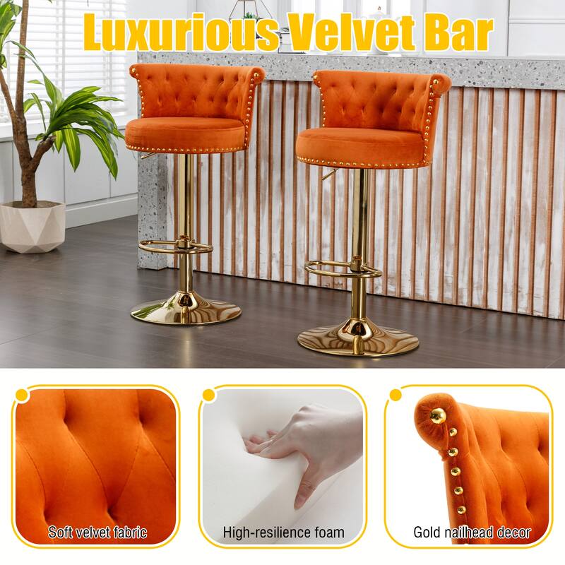 Set of 2 Velvet 360°Rotating Bar Chair, Handmade Backrest with One Click Adjustable Height Bar Chair, Very Soft Dining Chair