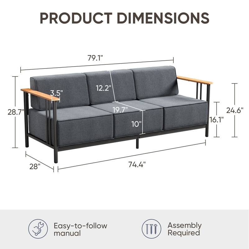 Puffin 3-Seat Outdoor Sofa with Metal Frame and 10-Inch Thick Cushions