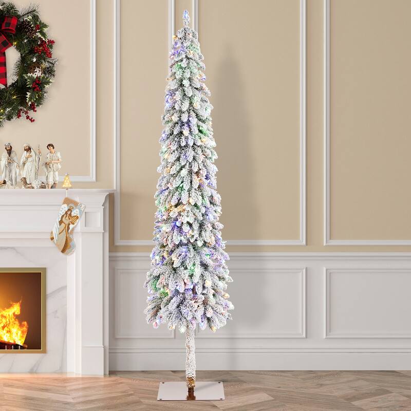 Glitzhome 4.5ft/6ft/7.5ft Pre-Lit Flocked Artificial Snowy Downswept Christmas Tree with Foot Pedal Control LED Lights - 1-Piece 7.5ft
