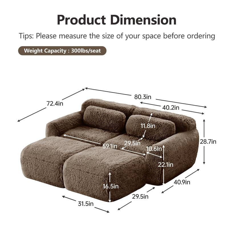 80" Floor Loveseat Modular Sectional Sofa, Plush Fabric Boneless Couch Set with 2 Ottoman