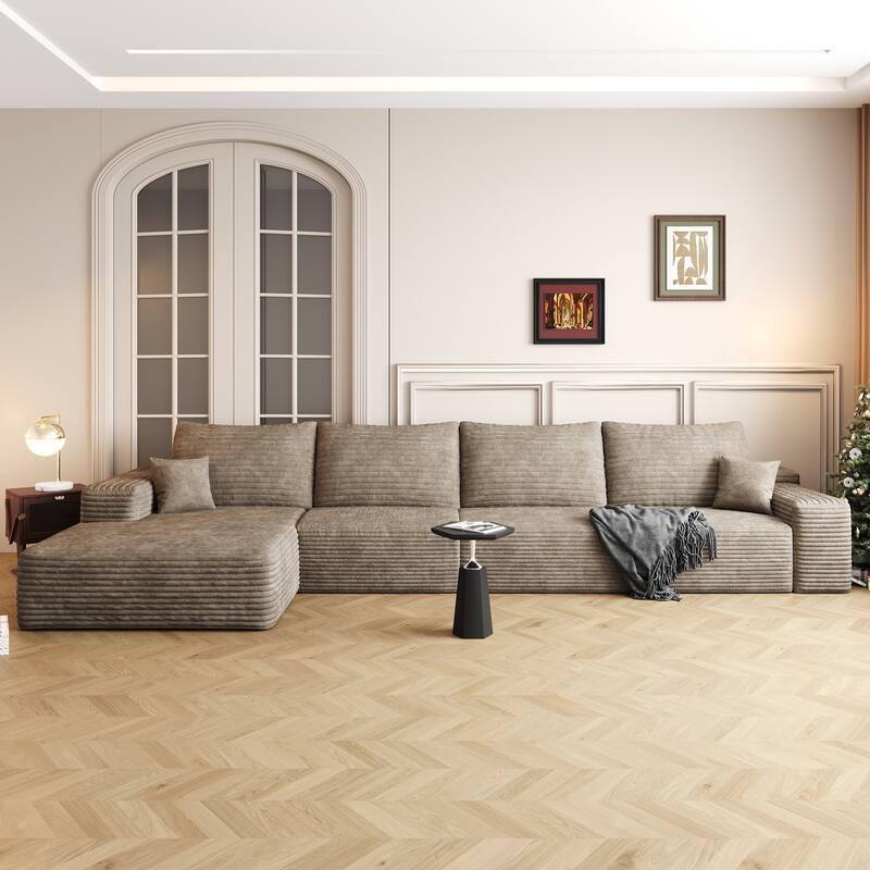 Large Sleeper Sectional Couch L-Shape Floor Modular Recliner Sofa Corduroy Upholstered Chaise Lounge with Ottoman for Livingroom - Camel - Left Facing