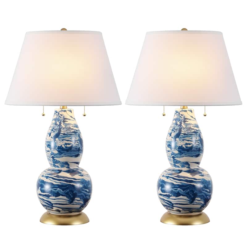 SAFAVIEH Lighting Sebrina 29-inch Navy And White Color Swirls Glass Table Lamp (Set of 2) - 17"x17"x28" - 17Wx17Dx28H