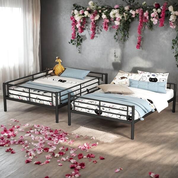 slide 2 of 9, 2 In 1 Full Over Full Metal Bunk Bed With Sturdy Frame Black