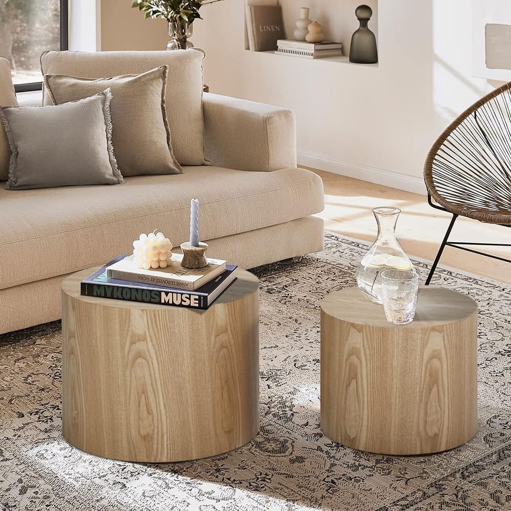 Round Coffee Table Set of 2, Modern Wooden Tables for Small Spaces - Natural Finish