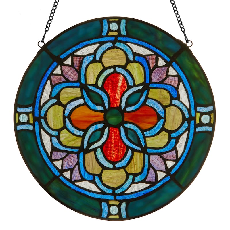 Geometric River of Goods Teal and Yellow Tiffany-Style Stained Glass Round Window Panel - 12" x 0.25" x 12" - Multi