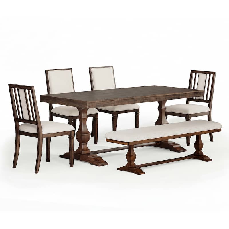 6-pieces Farmhouse Dining Table for 6, 74.8" Kitchen Table Set with 4 Chairs and Bench, Solid Wood Legs and Cushion Seat