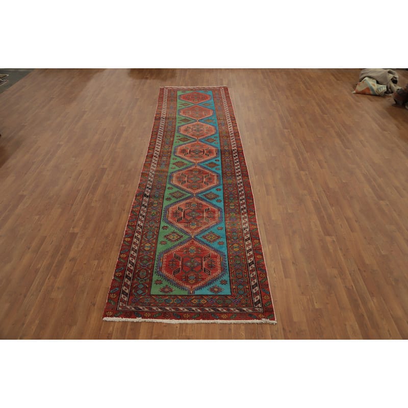 Hand Knotted Oriental 100% Wool Carpet Traditional Geometric Multi-Colored Heriz Runner Rug - 14' 1'' X 3' 9''