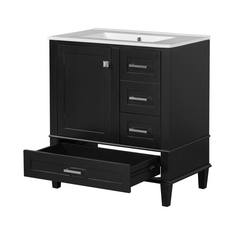 Single Sink Bathroom Vanity Cabinet, Vanity Base & Ceramic Sink Combo Set, 3 Drawers Bathroom Storage Cabinet, 30 Inch