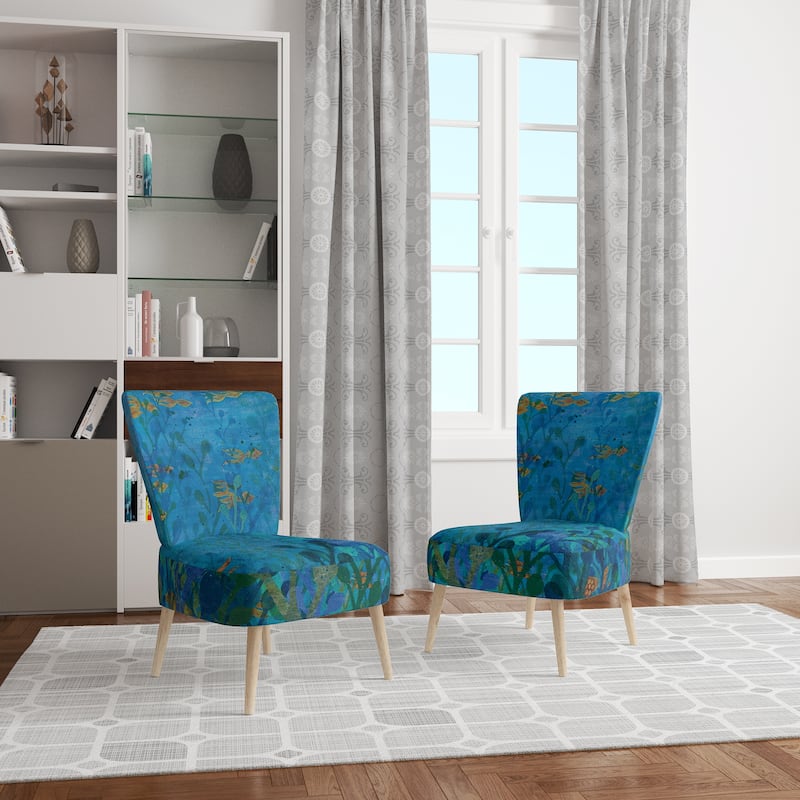 Designart "Blue Underwater Lake Leaves I" Upholstered Nautical & Coastal Accent Chair - Arm Chair