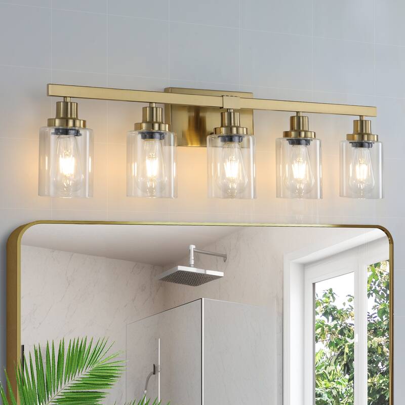 Golden 5-Light Vanity Light with Clear Glass Shades,Modern Iron Metal Bathroom Wall Fixture for Mirror(No Bulbs) - Golden