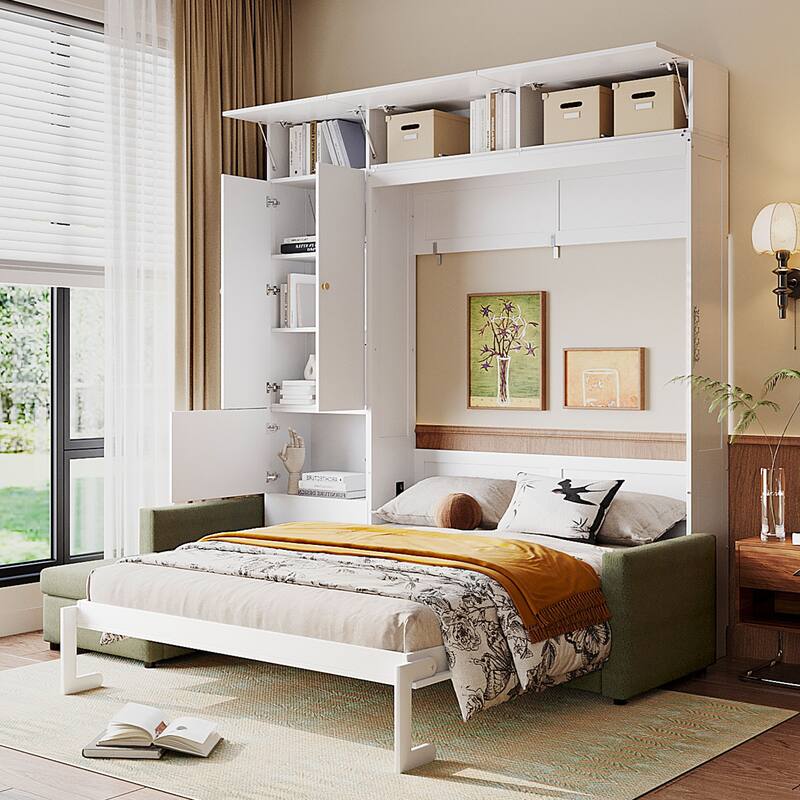 Queen Size Wall Bed with Sofa and Shelves, Space-Saving Design, White Panel, Green Sofa