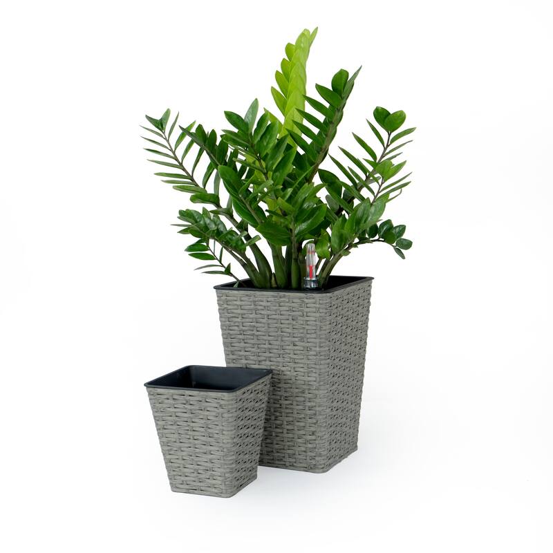 Medium 9 in. & 7 in. Smart Self-Watering Square Planter with Water Level Indicator - Hand Woven Wicker (2-Pack) - Gray