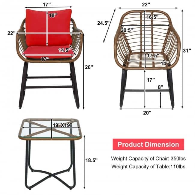 3 Pieces Patio Rattan Bistro Set Cushioned Chair Glass Table Deck - 22'' x 24.5'' x 31'' (L x W x H)