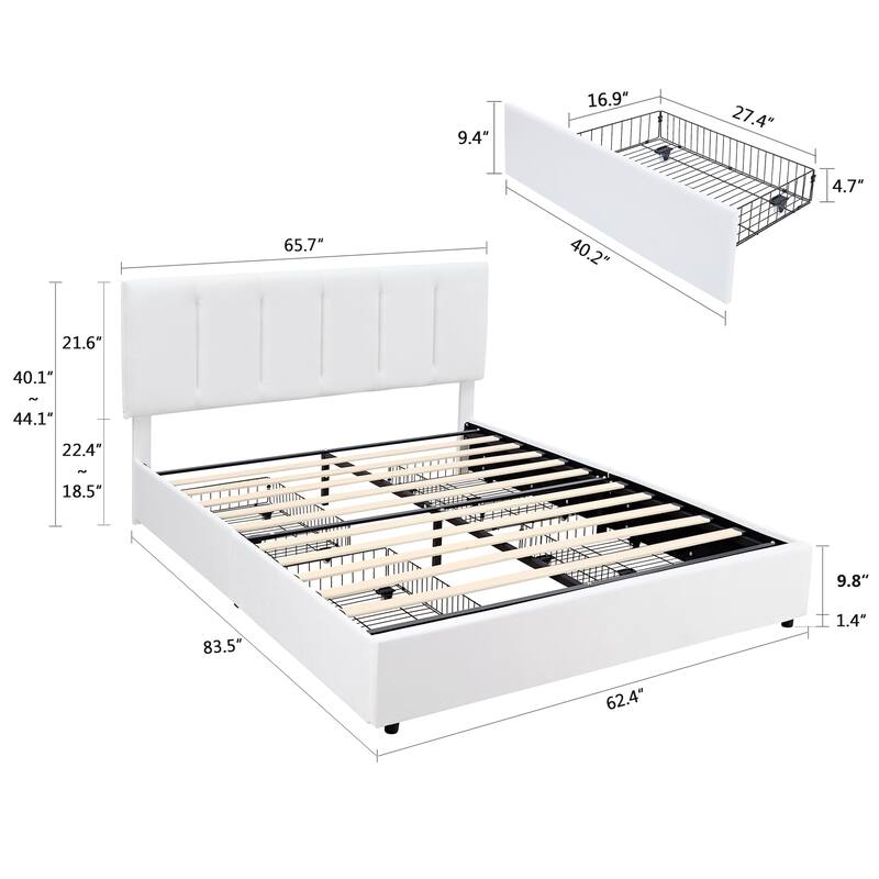 White Bed Frame with 4 Storage Drawers, Upholstered Platform Bed Frame with Adjustable Headboard