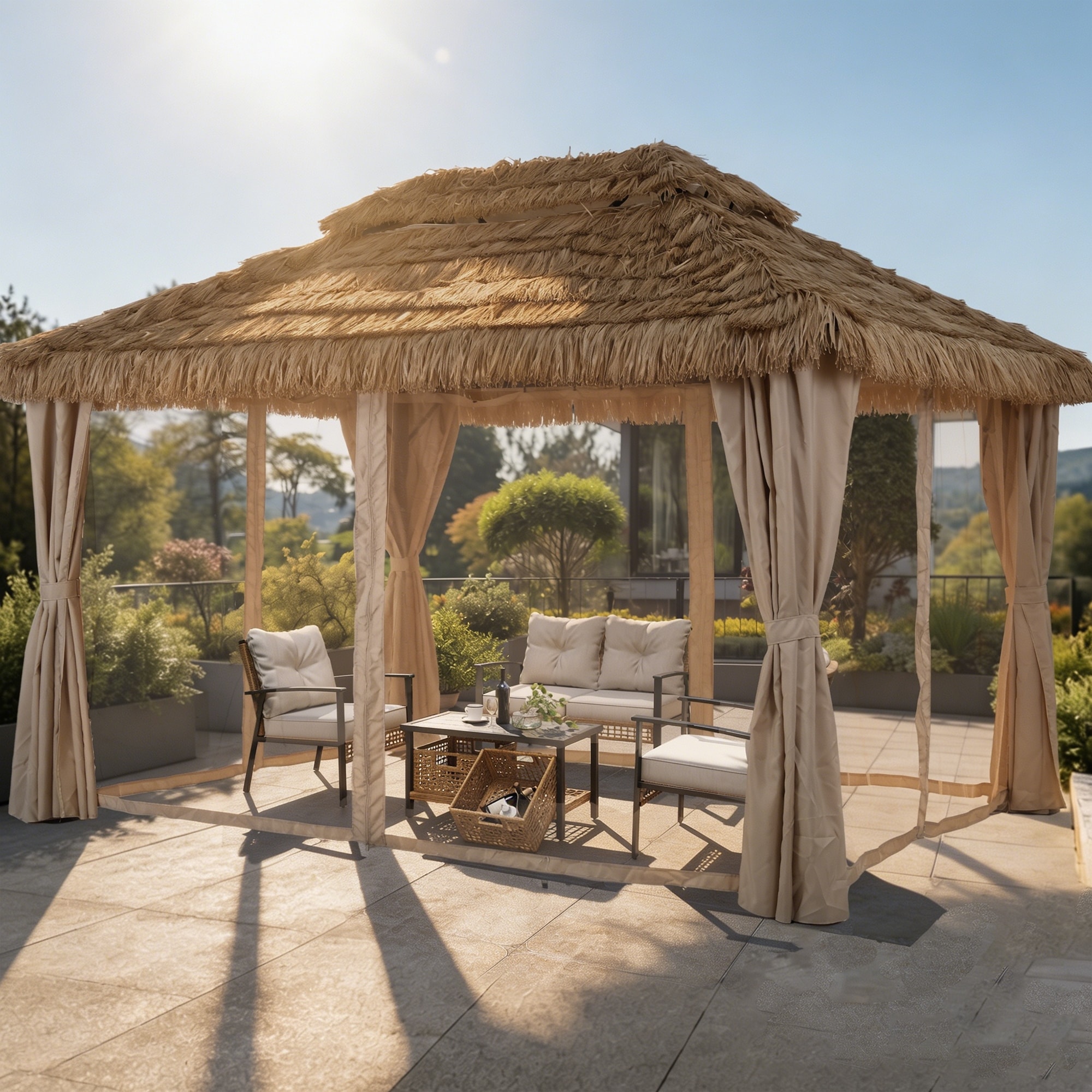 Ainfox 10x13FT Outdoor Thatched Tiki Pavilion Gazebo, Patio Gazebo with Straw Thatch Roofing