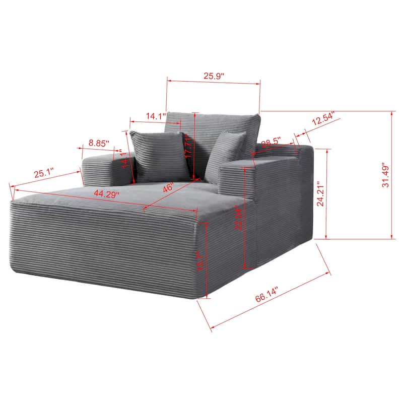 Convertible Chaise Lounge Chair Indoor - Oversized Corduroy Couch with Wide Armrest & Throw Pillows