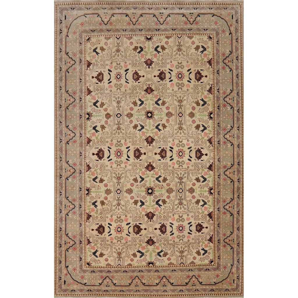 Hand-knotted Traditional Wool Beige Geometric Oriental Area Rug - 14' 1'' X 10' 0''