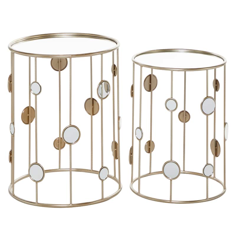 Metal Open Frame Accent Table with Mirrored Glass Top and Circular Accents - Set of 2 Gold - Roche River Decor - 13"Wx13"Lx18"H