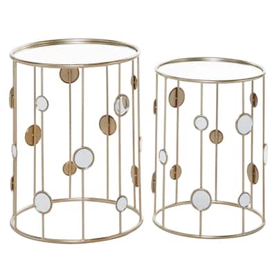Metal Open Frame Accent Table with Mirrored Glass Top and Circular Accents - Set of 2 Gold - Roche River Decor - 13"Wx13"Lx18"H