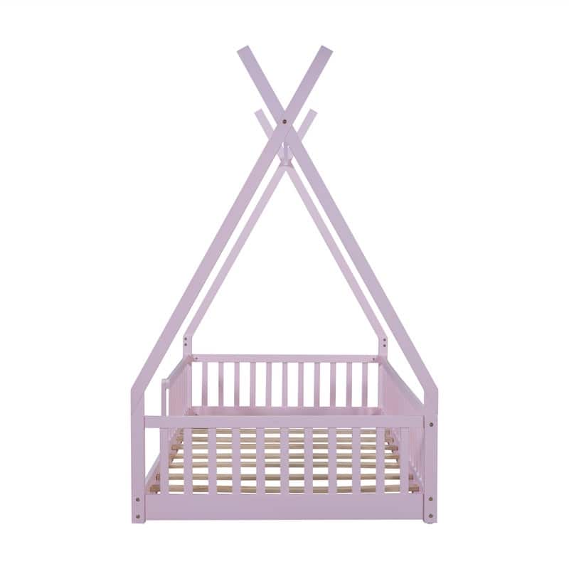 Twin Size House Floor Bed with Fence, Wooden House Shaped Montessori Bed with Triangulat Design for Kids