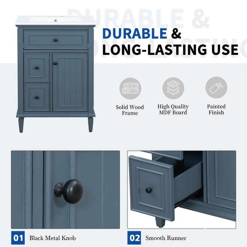 24" Bathroom Vanity with Sink - Solid Wood/MDF Cabinet, Flip Drawer + 2 Drawers, Adjustable Shelf