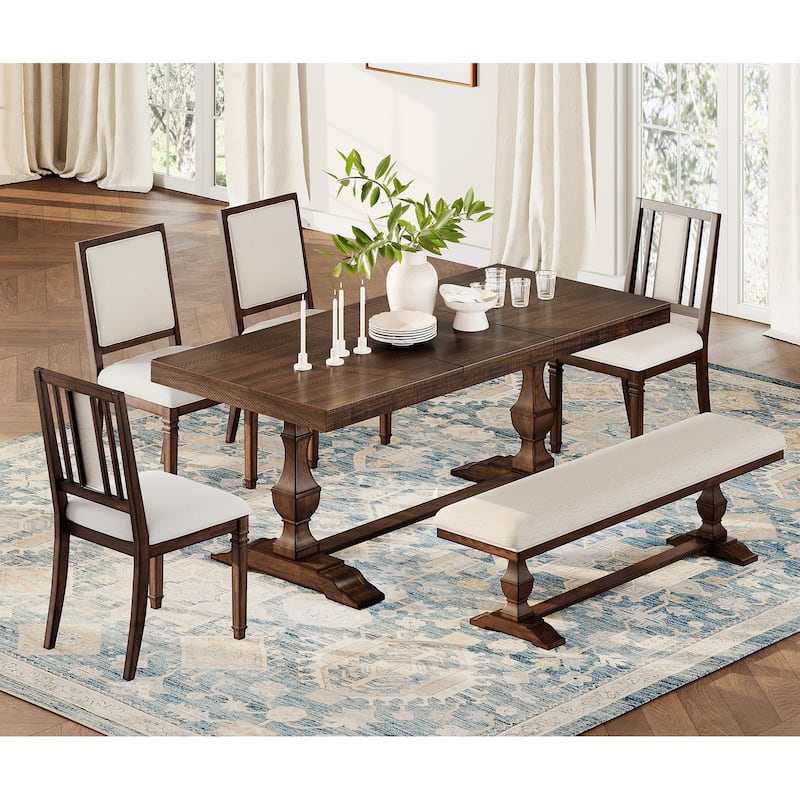 6-pieces Farmhouse Dining Table for 6, 74.8" Kitchen Table Set with 4 Chairs and Bench, Solid Wood Legs and Cushion Seat
