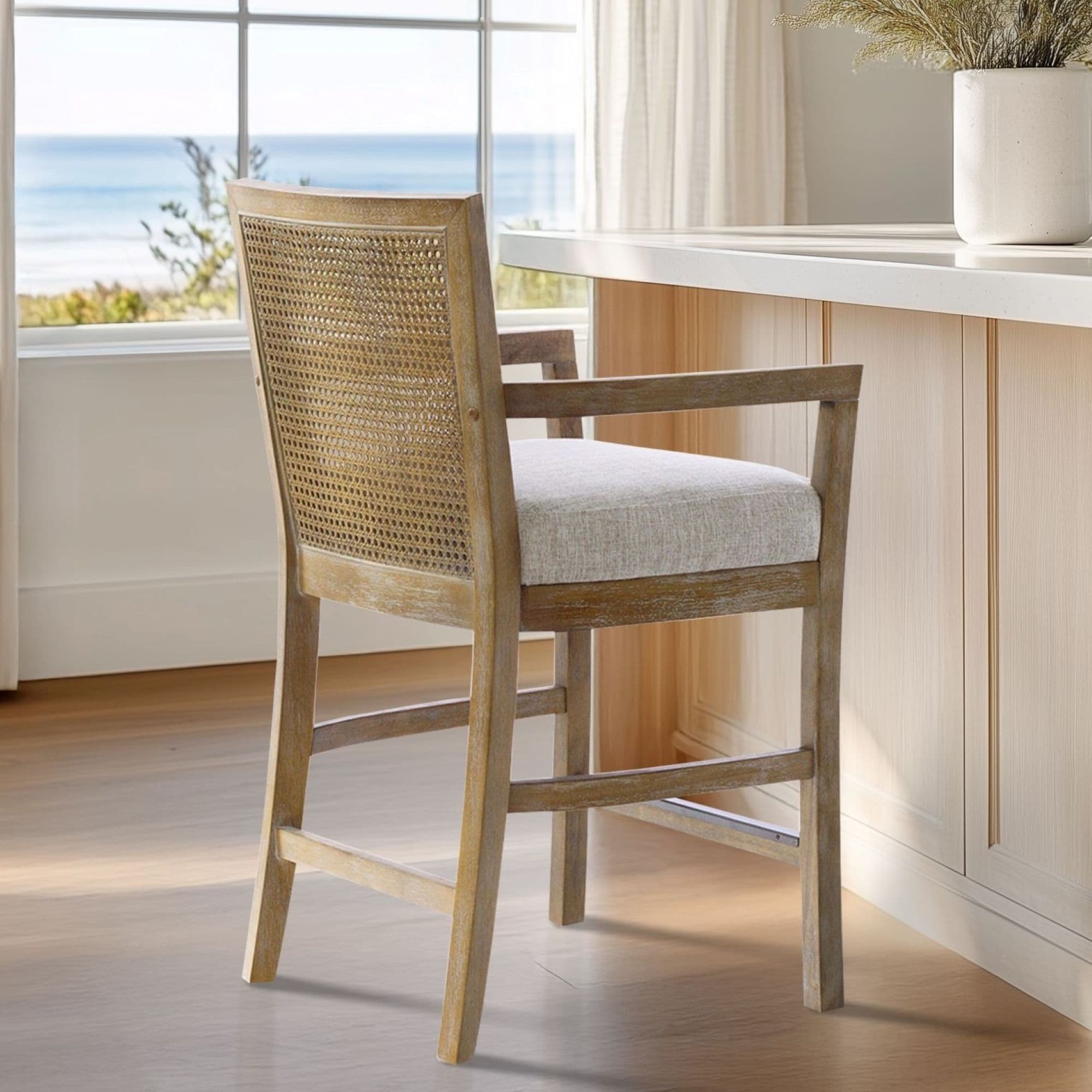 Madison Park Diedra Reclaimed Wood Counter Stool with Natural Rattan Back and Upholstered Seat