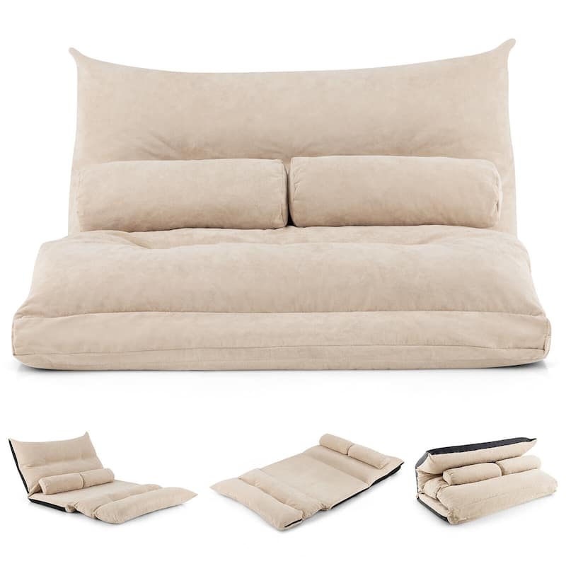 Convertible Lazy Sofa Bed with Adjustable Backrest& Lumbar Pillows - Beige