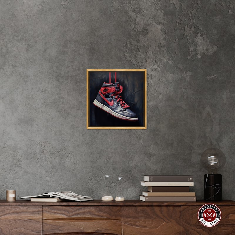 Notoriart Black And Red Hanging Sneaker Framed Sneaker 1 Piece Canvas Wall Art