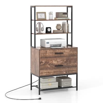 Gymax File Cabinet w/ Charging Station 3-Tier Open Shelves & Large