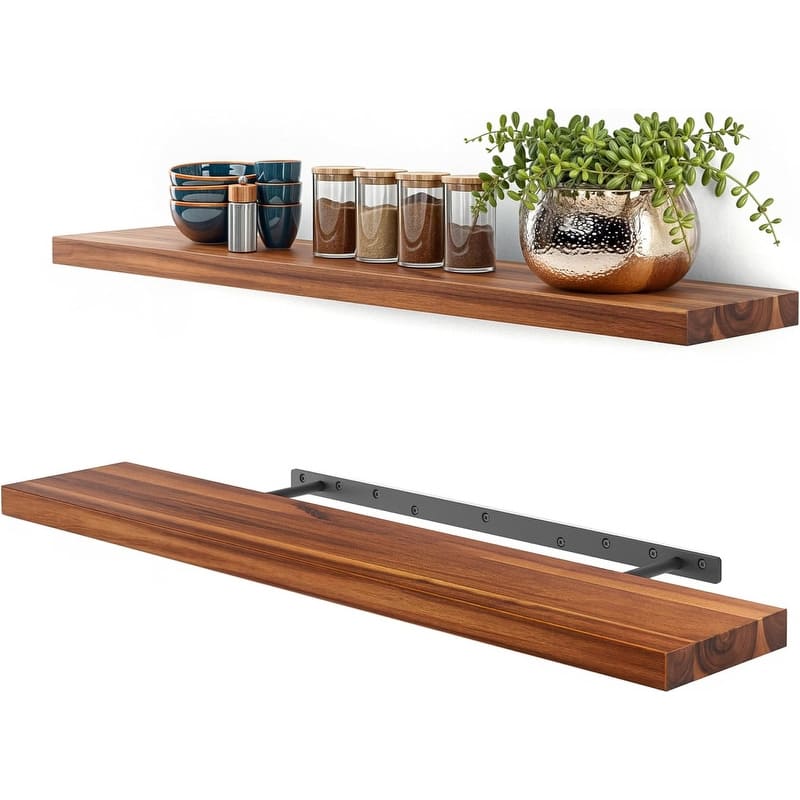 Acacia Wood Floating Shelves Wall Mounted Set of 2 - 36 Inch-Brown