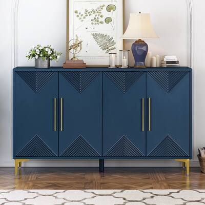 Navy Blue Sideboard Buffet Storage Cabinet w/ Triangular Pattern Doors