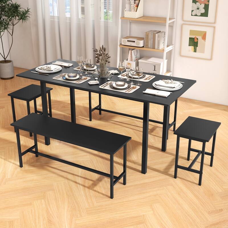 Gymax 5 PCS Dining Table Set for 4-6 w/ 2 Benches & 2 Stools Metal
